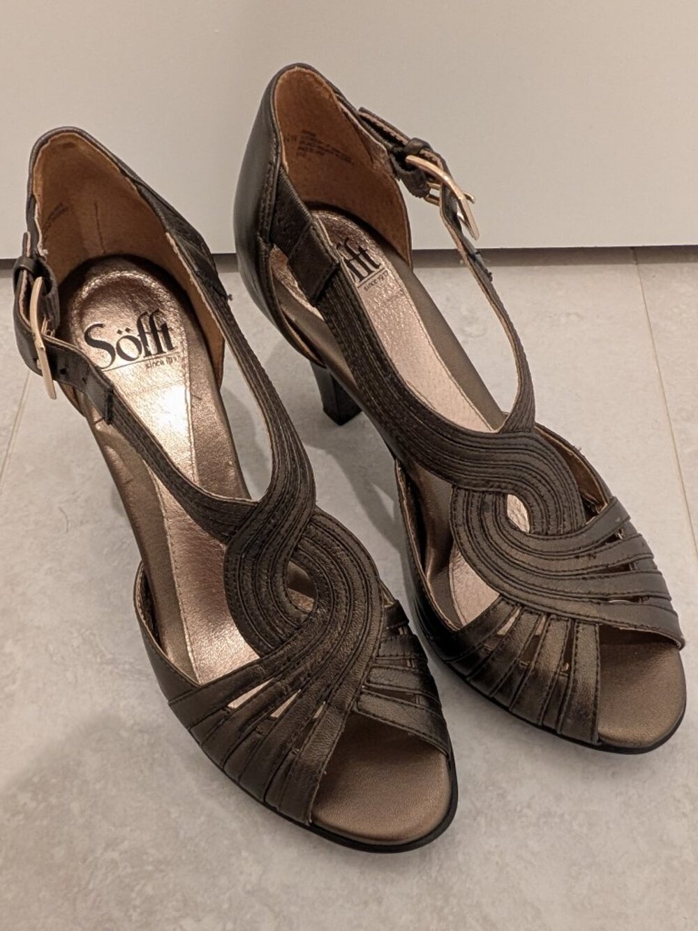 Sofft 6.5W Graciella Bronze Leather Open Peep Toe High Heel Dress Sandals - Picture 2 of 13